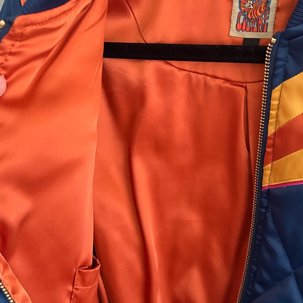 Classic Rock Couture Blue Bomber Jacket with Orange and Yellow Accents - Picture 5 of 6